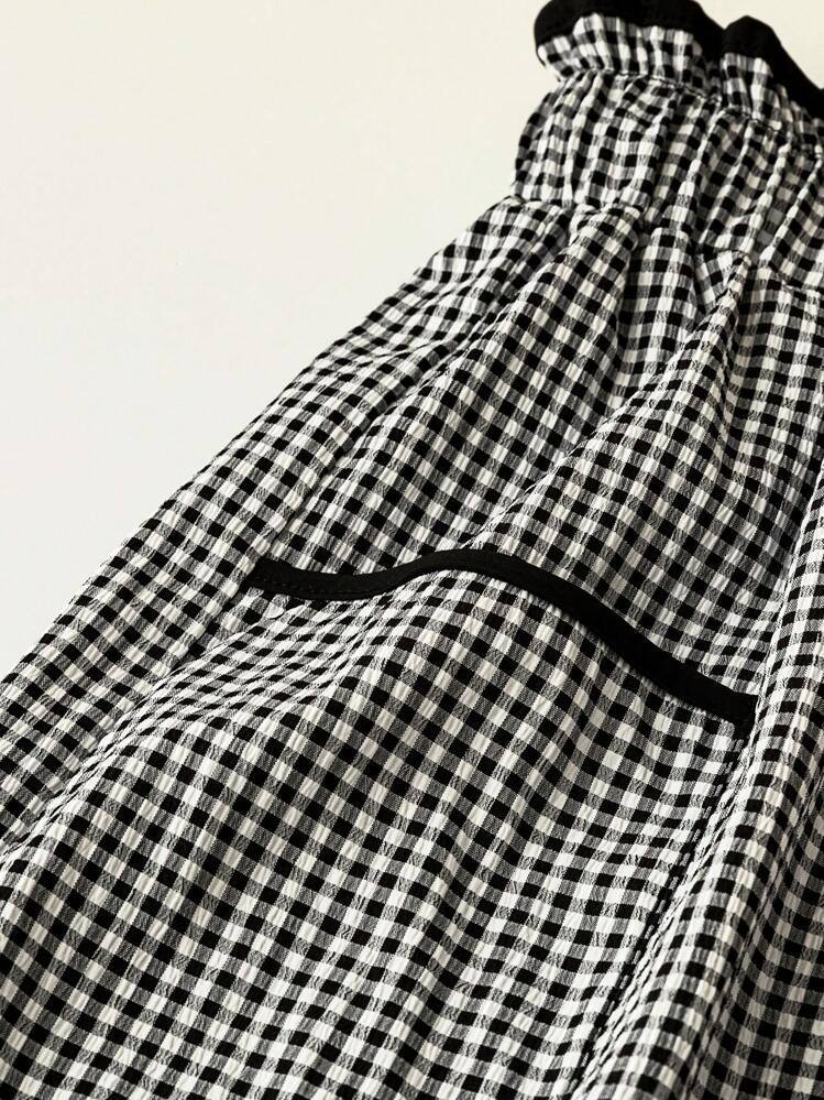Gingham Drawstring Paperbag Wide Leg Pants - Black - 2