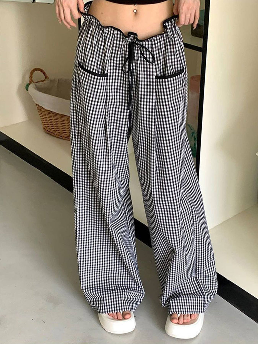 Gingham Drawstring Paperbag Wide Leg Pants