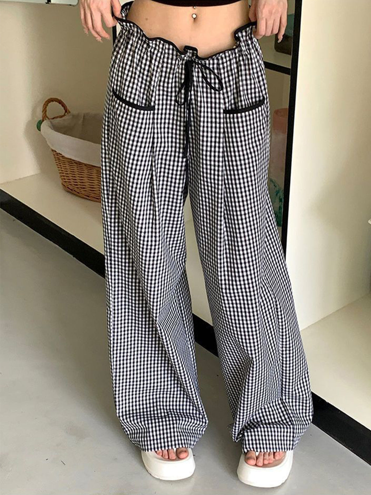 Gingham Drawstring Paperbag Wide Leg Pants - view 1