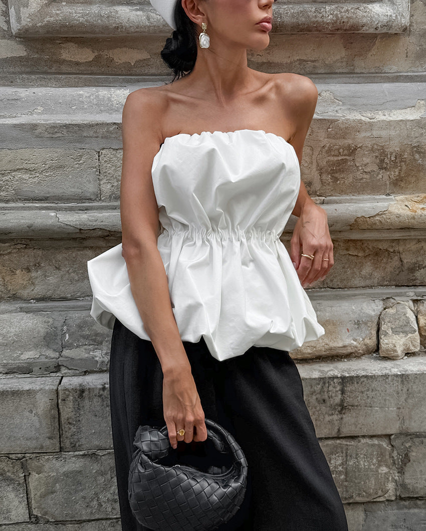 Strapless Ruffle Peplum Bubble Hem Top - White - 6