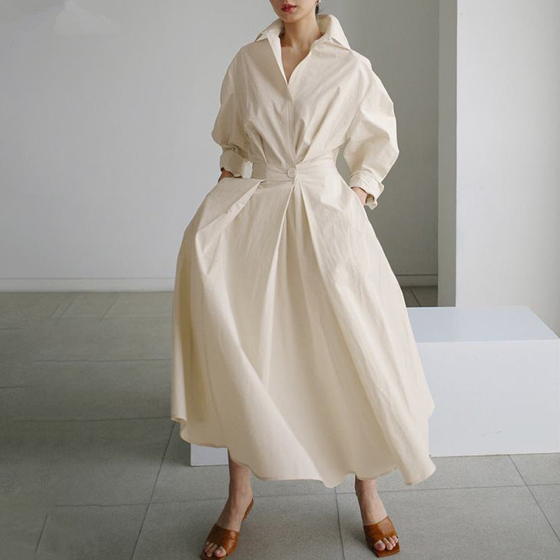 Pleated Waist Collared Full Skirt Midi Dress - Beige