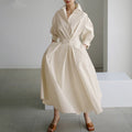 Pleated Waist Collared Full Skirt Midi Dress - Beige