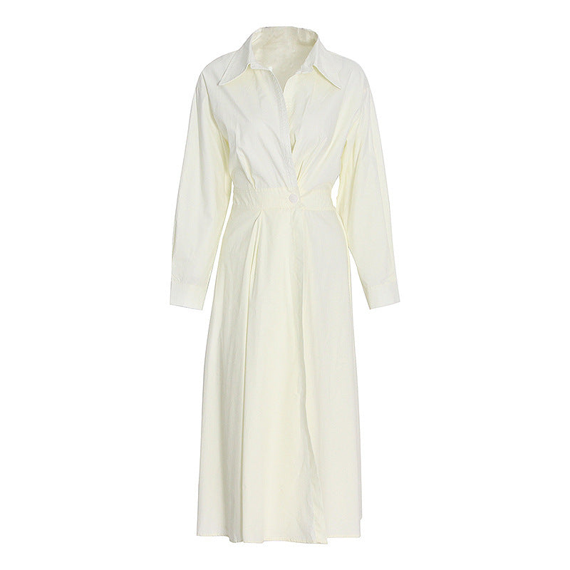 Pleated Waist Collared Full Skirt Midi Dress - Beige - 1
