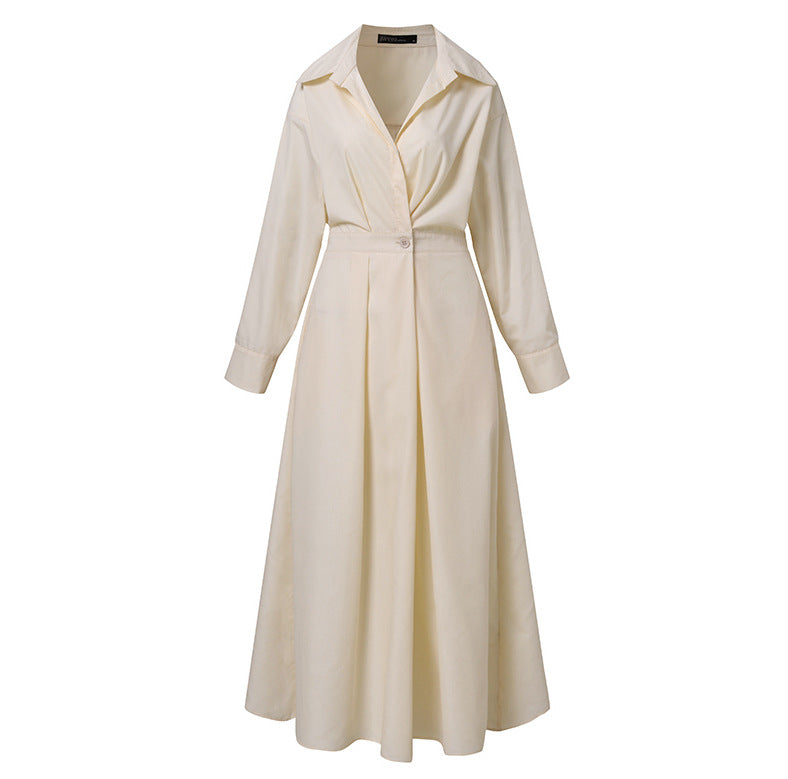 Pleated Waist Collared Full Skirt Midi Dress - Beige - 2