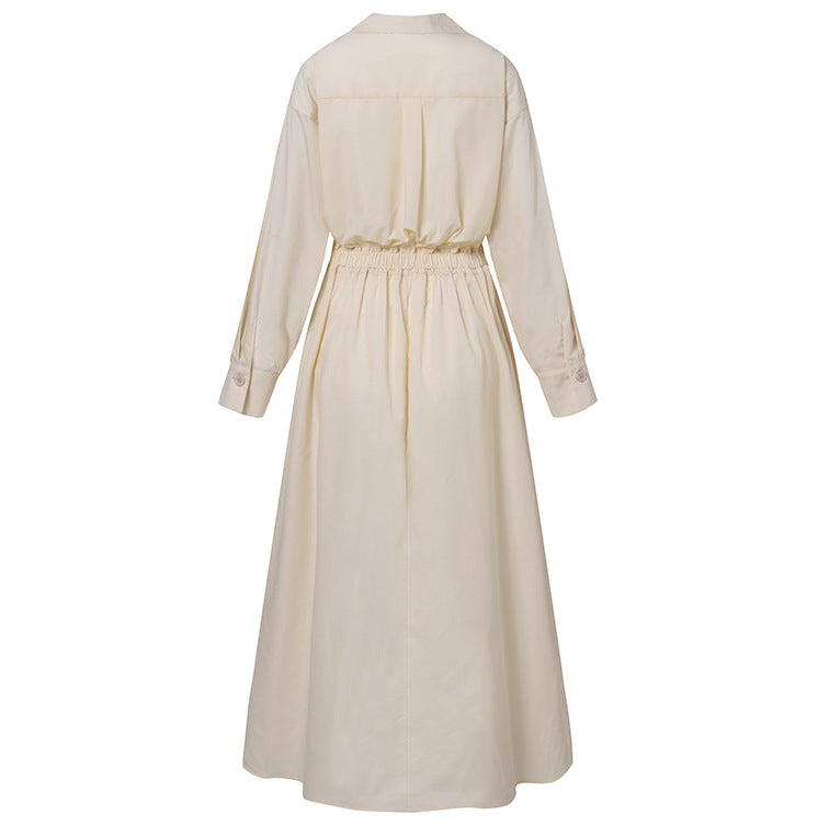 Pleated Waist Collared Full Skirt Midi Dress - Beige - 3