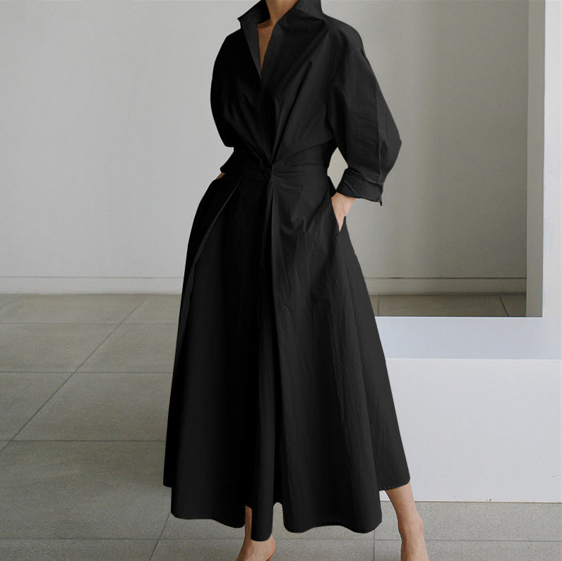 Pleated Waist Collared Full Skirt Midi Dress - Black