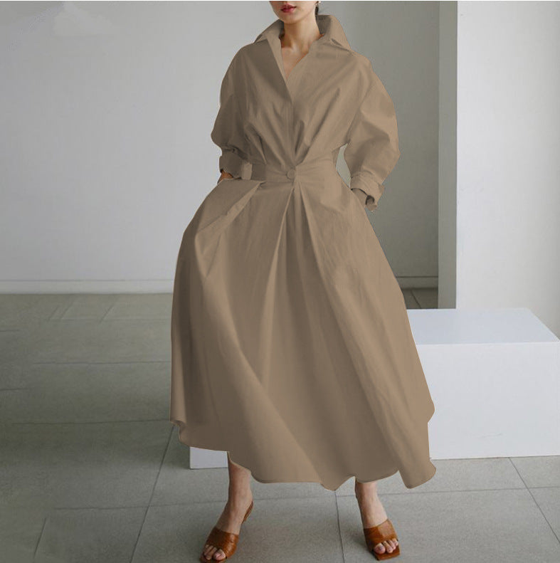 Pleated Waist Collared Full Skirt Midi Dress - Coffee