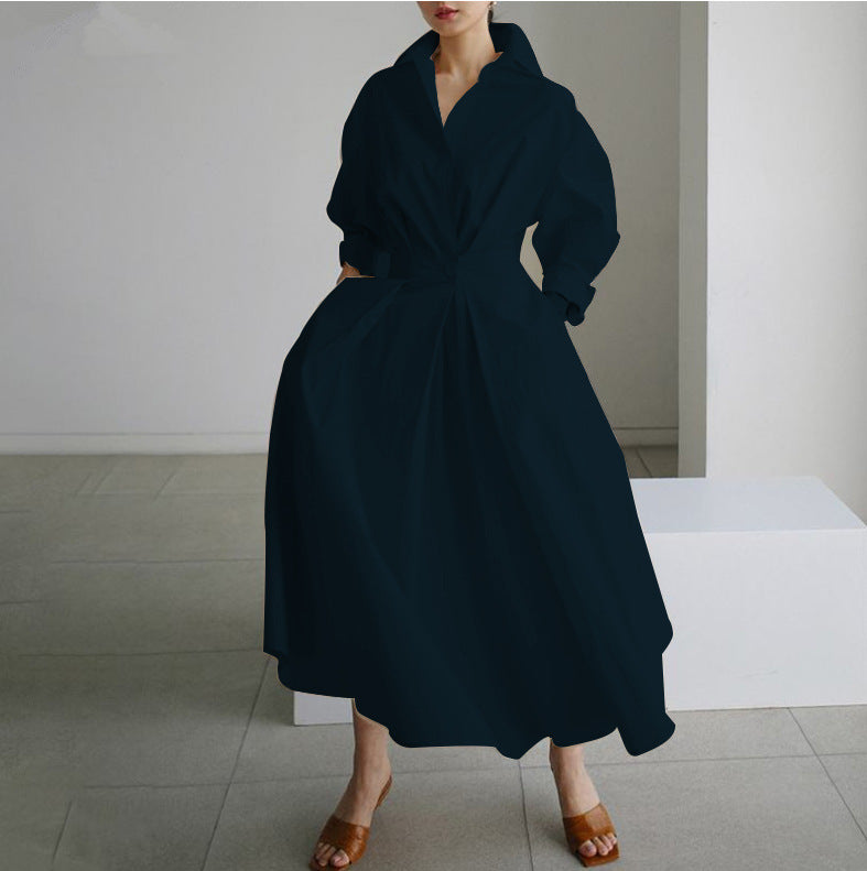 Pleated Waist Collared Full Skirt Midi Dress - DarkBlue