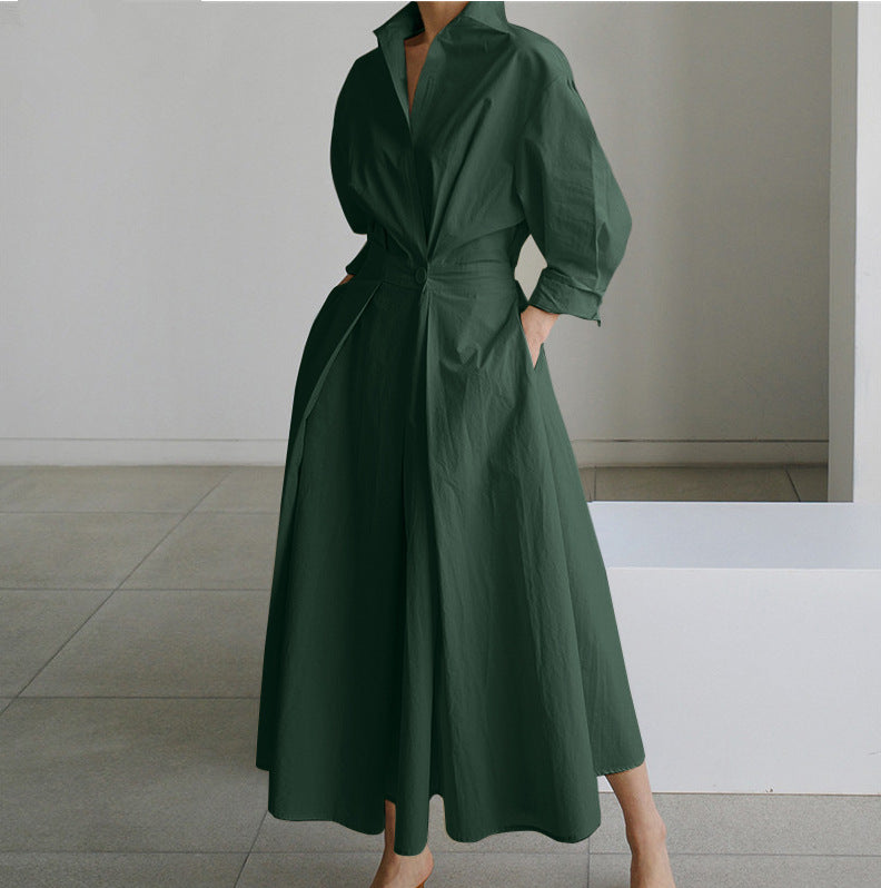 Pleated Waist Collared Full Skirt Midi Dress - Green