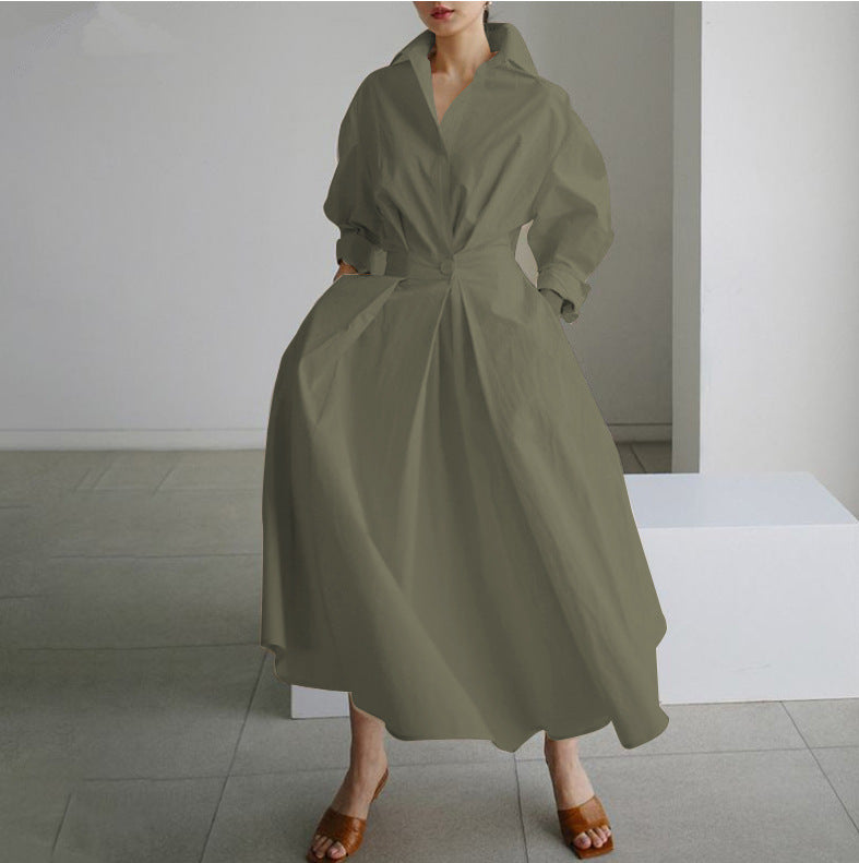 Pleated Waist Collared Full Skirt Midi Dress - Olive