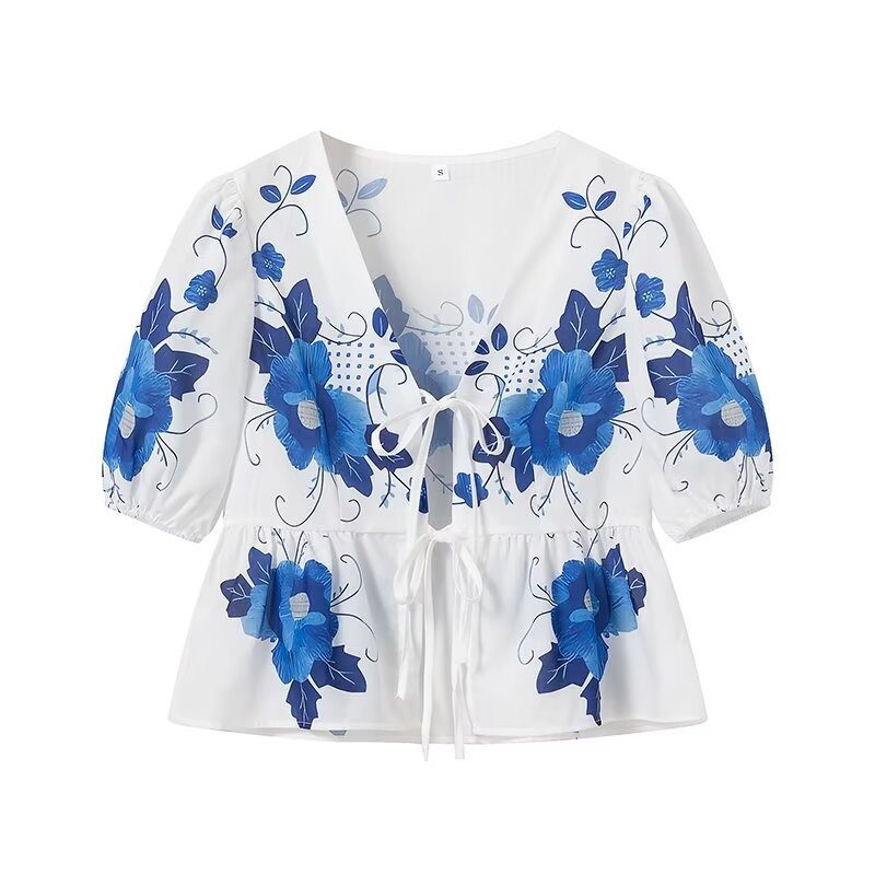 Embroidered Floral Tie Front Peplum Blouse - Blue