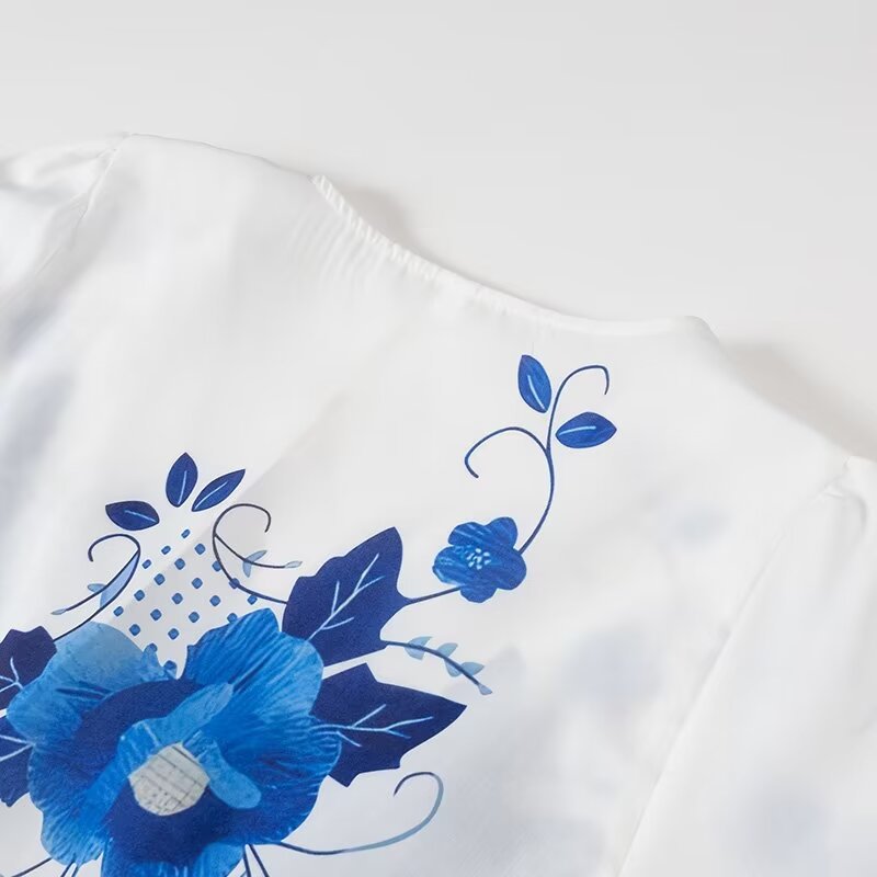 Embroidered Floral Tie Front Peplum Blouse - Blue - 2