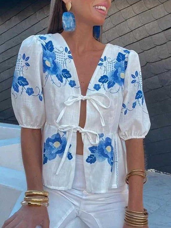 Embroidered Floral Tie Front Peplum Blouse - Blue - 7