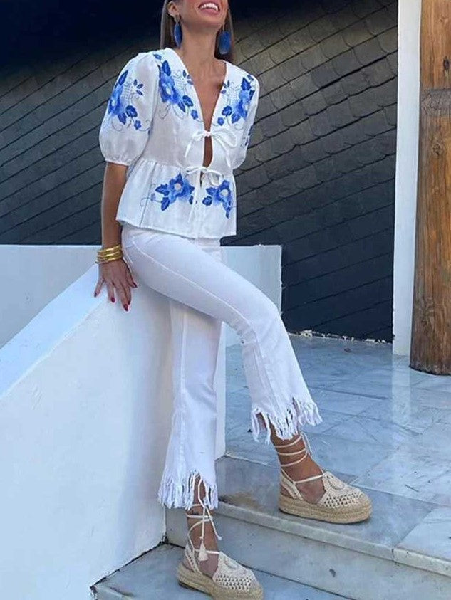 Embroidered Floral Tie Front Peplum Blouse - Blue - 8