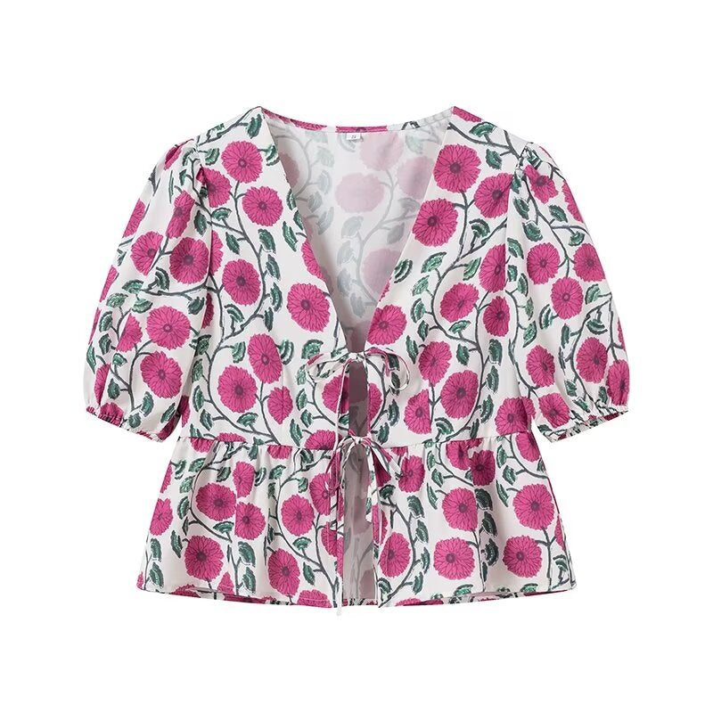 Embroidered Floral Tie Front Peplum Blouse - Rouge