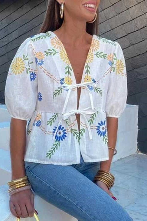 Embroidered Floral Tie Front Peplum Blouse - Yellow