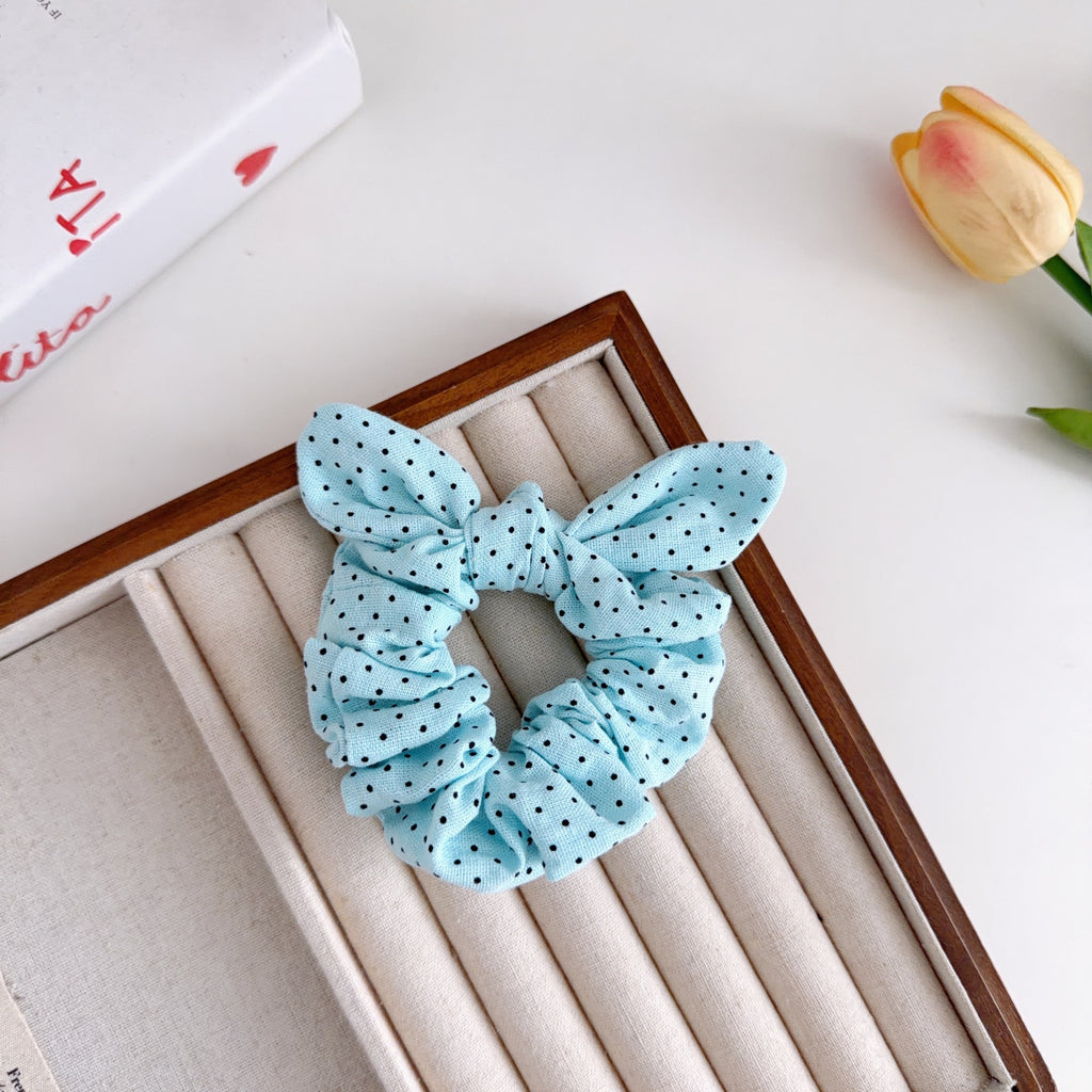 Bunny Ear Bow Scrunchie In Ditsy Dot Print - Blue