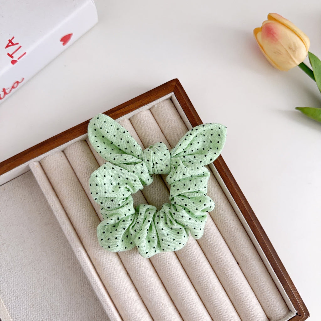 Bunny Ear Bow Scrunchie In Ditsy Dot Print - Green