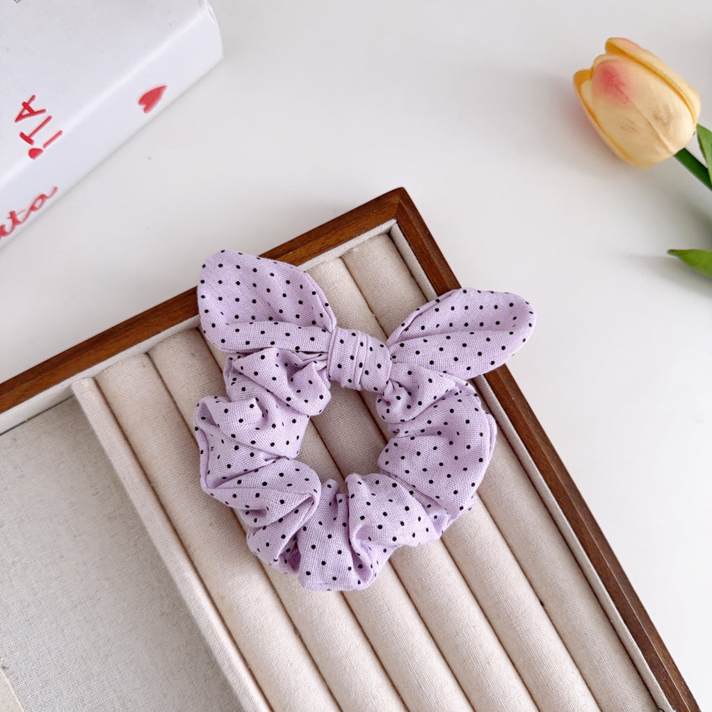 Bunny Ear Bow Scrunchie In Ditsy Dot Print - Purple