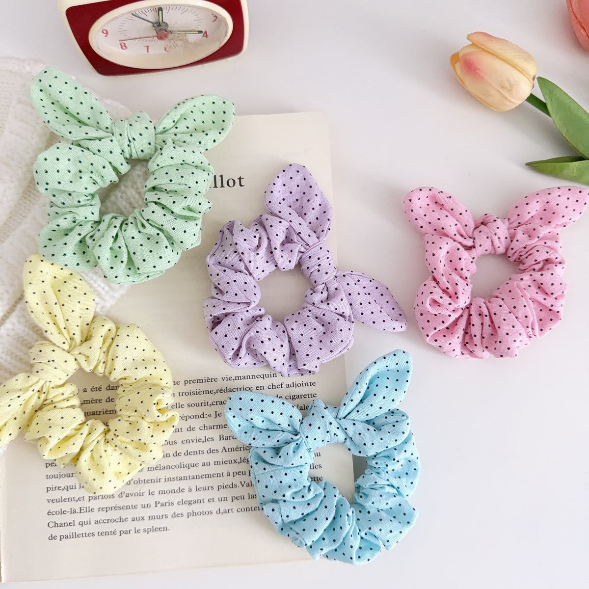 Bunny Ear Bow Scrunchie In Ditsy Dot Print - view 2
