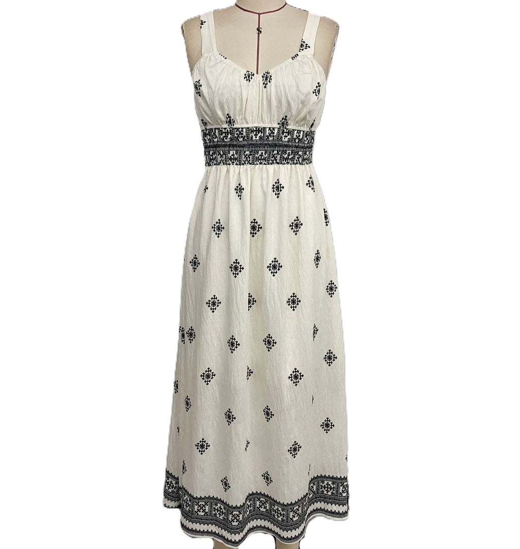 Ruched Strap Bordered Boho Maxi Dress - White - 1