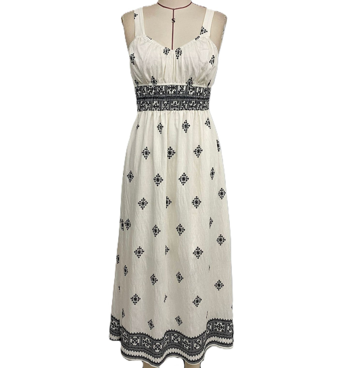 Ruched Strap Bordered Boho Maxi Dress - White - 1