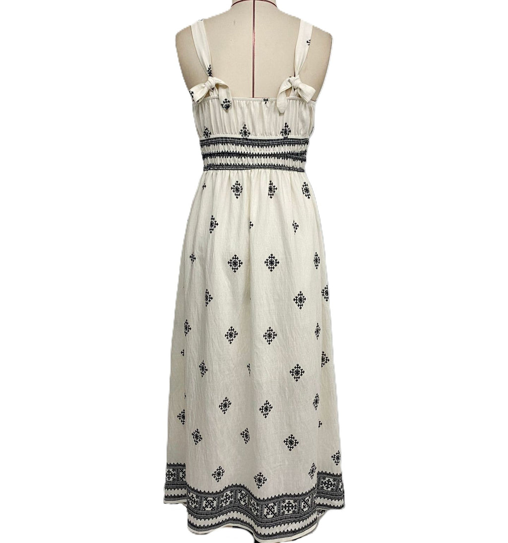 Ruched Strap Bordered Boho Maxi Dress - White - 2