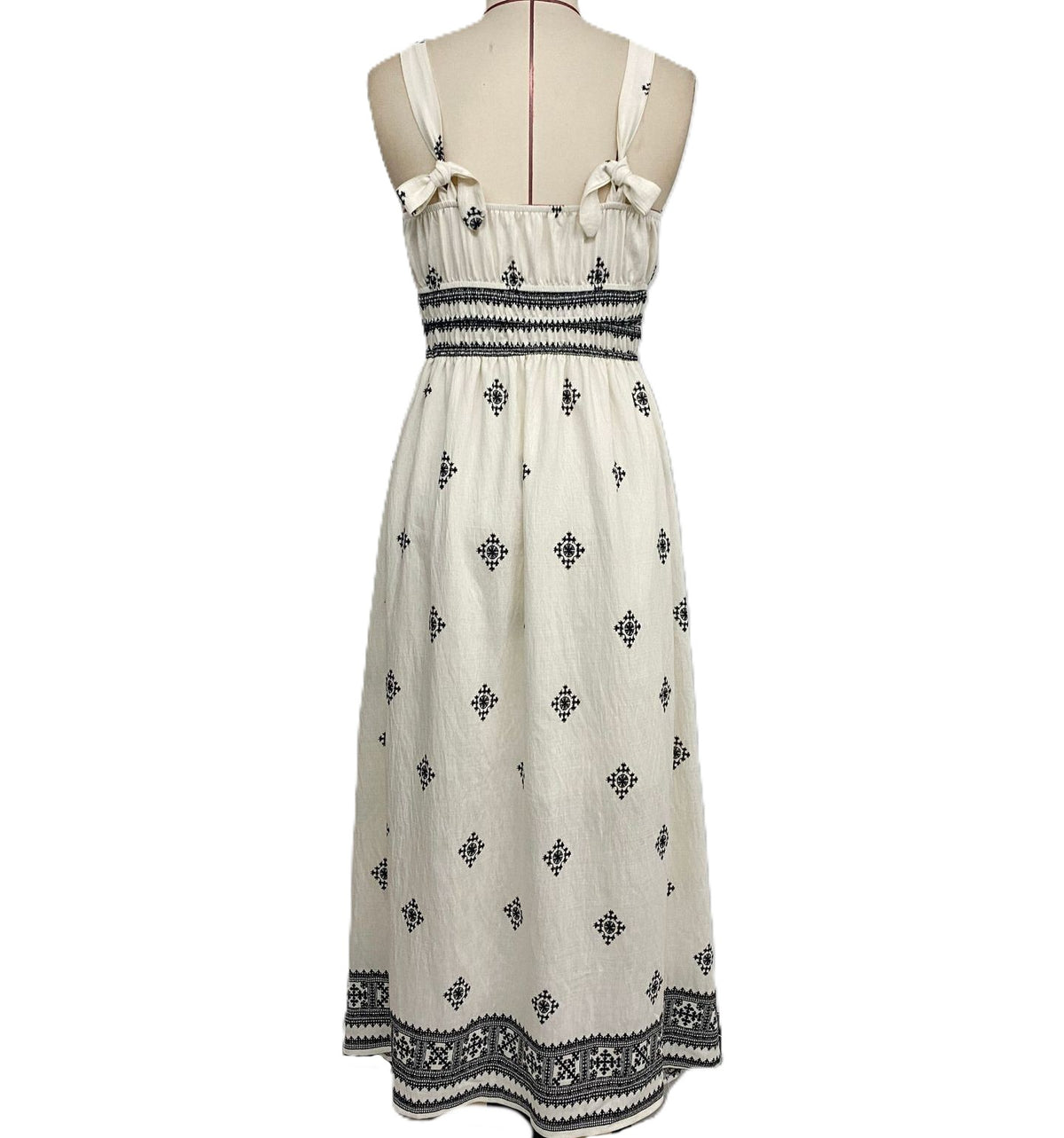 Ruched Strap Bordered Boho Maxi Dress - White - 2
