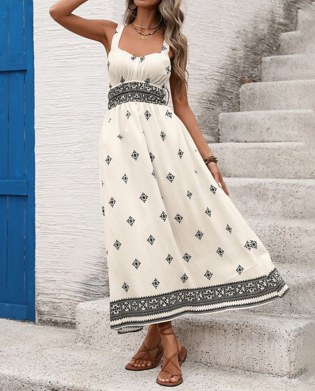 Ruched Strap Bordered Boho Maxi Dress - White - 5