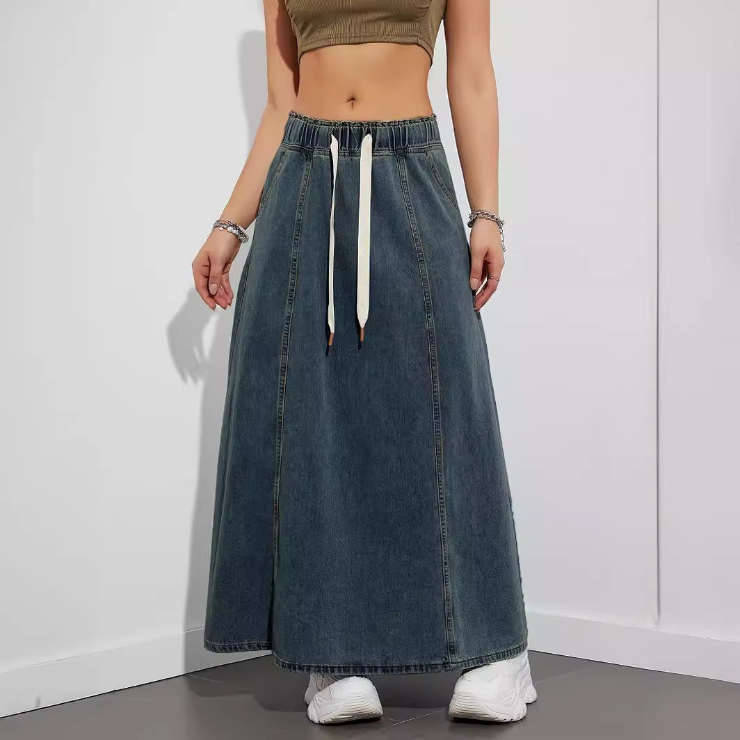 Washed Denim Maxi Skirt With Tie Waist - DarkBlue