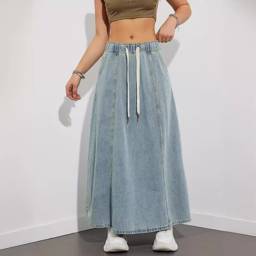 Washed Denim Maxi Skirt With Tie Waist - LightBlue