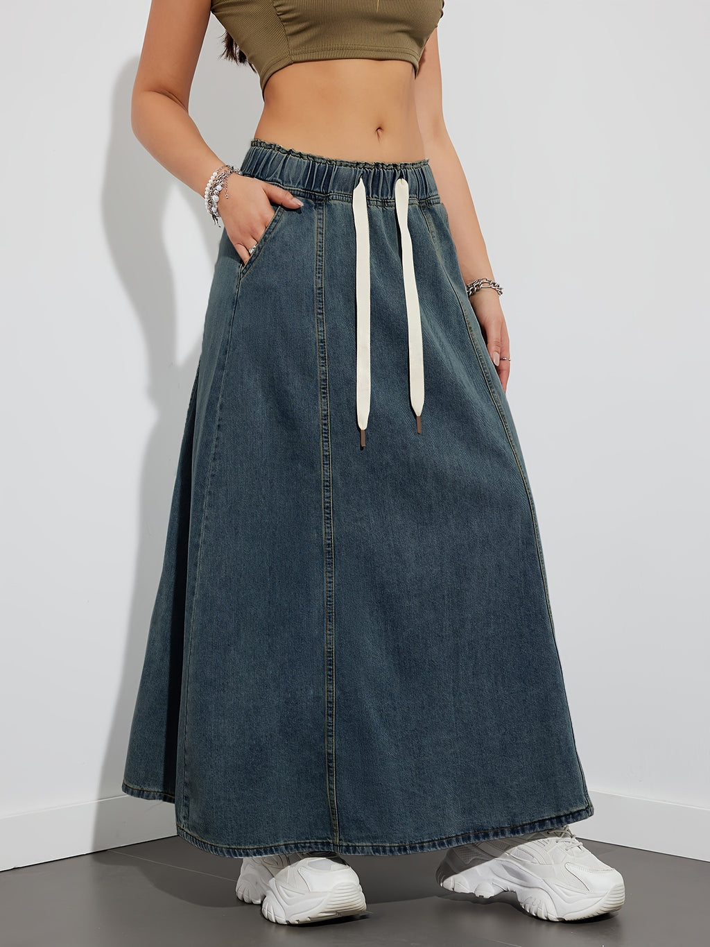 Washed Denim Maxi Skirt With Tie Waist