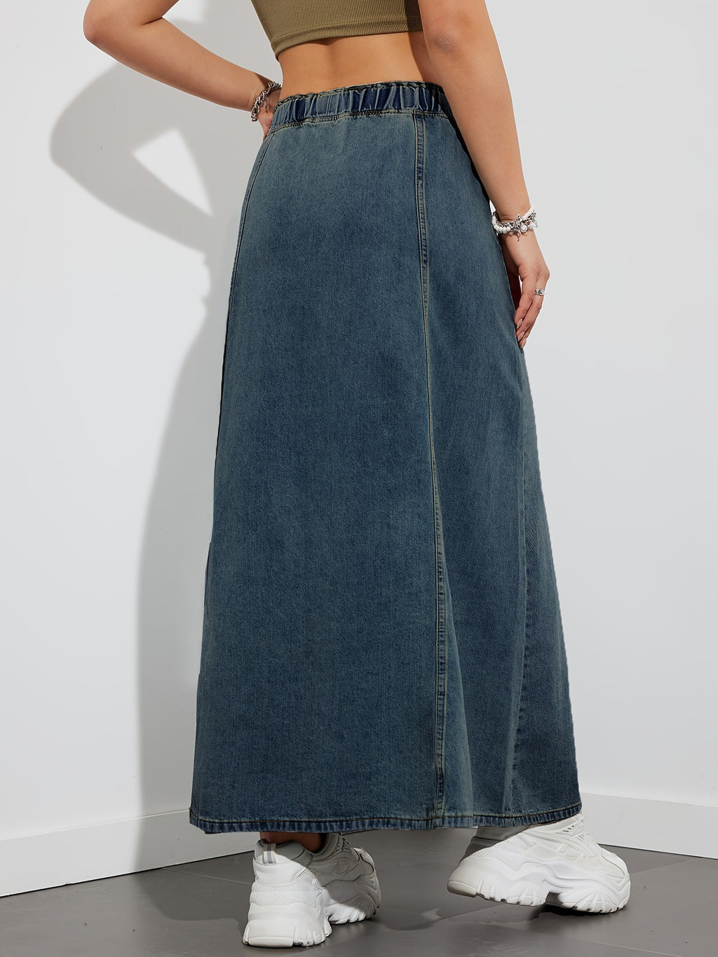 Washed Denim Maxi Skirt With Tie Waist - view 1