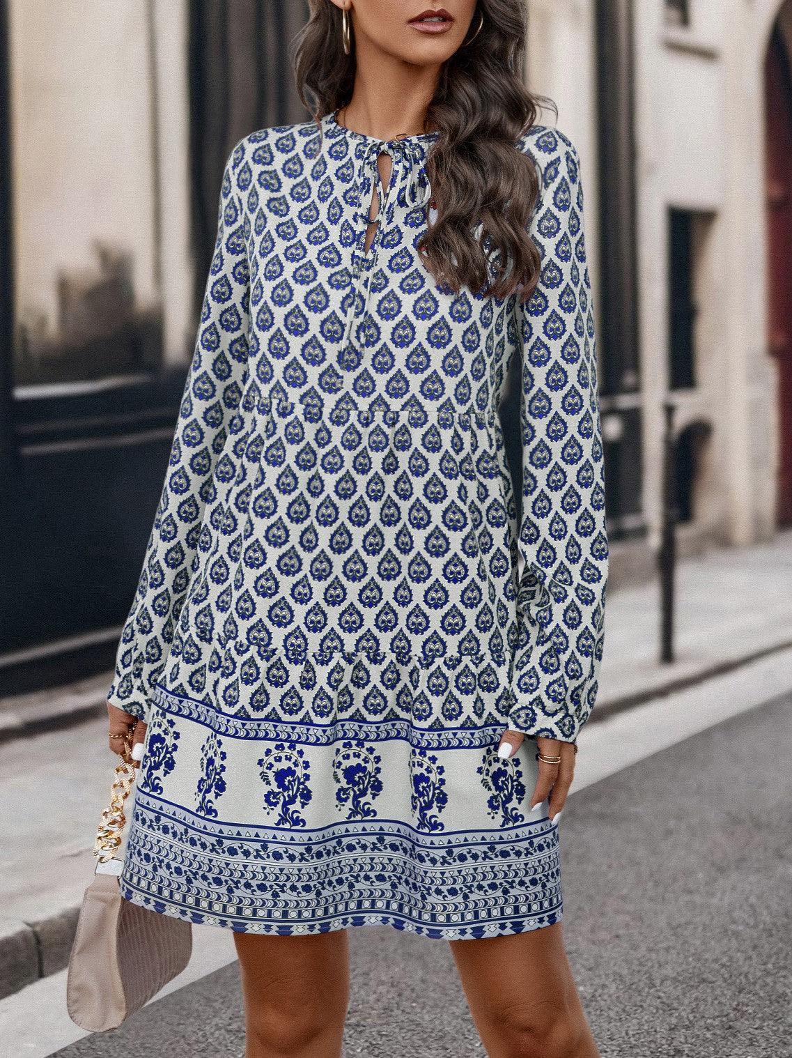 Boho Border Print Long Sleeve Mini Dress - Blue