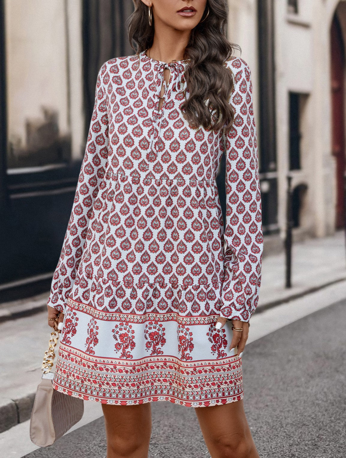 Boho Border Print Long Sleeve Mini Dress - Red