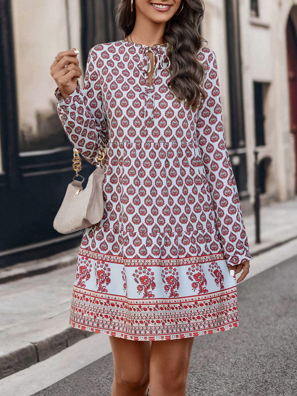 Boho Border Print Long Sleeve Mini Dress - Red - 1