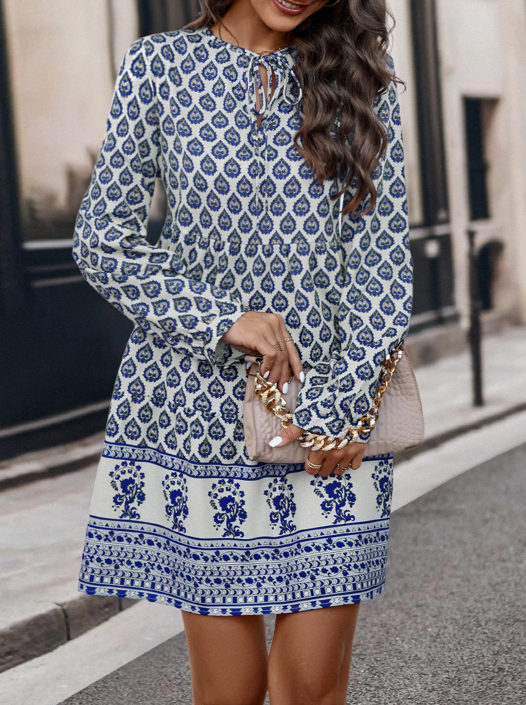 Boho Border Print Long Sleeve Mini Dress
