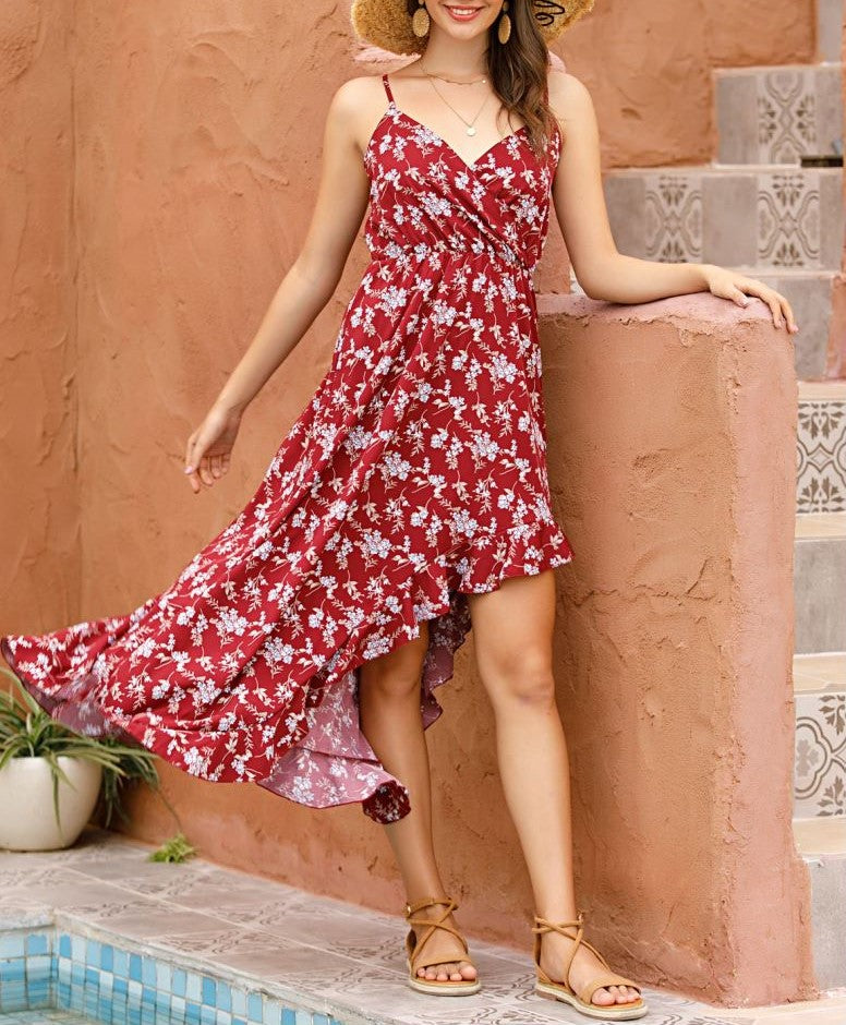 Floral Wrap High Low Ruffle Hem Maxi Dress - Red - 1