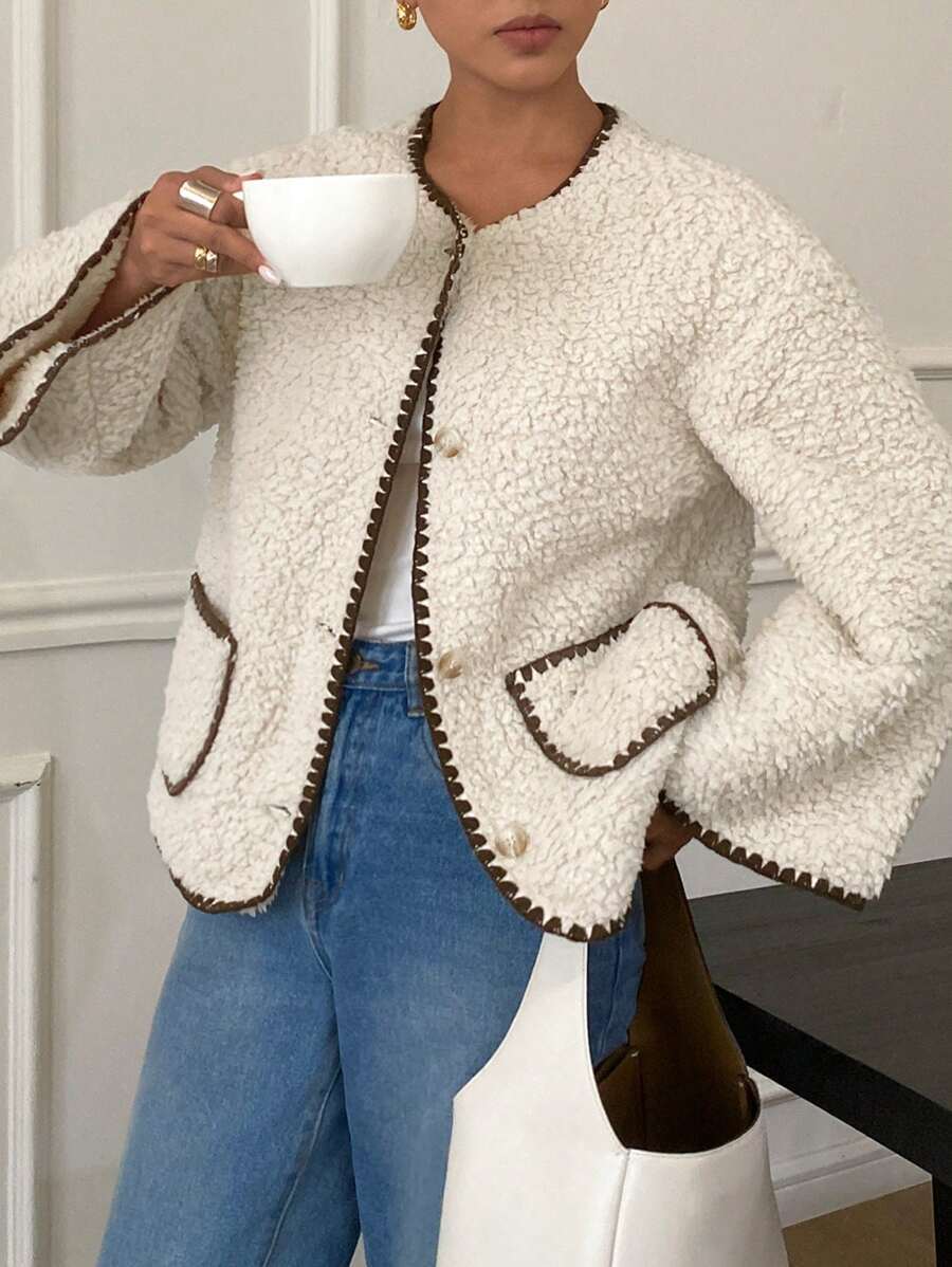 Teddy Fleece Collarless Jacket With Patch Pockets - Beige