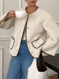 Teddy Fleece Collarless Jacket With Patch Pockets - Beige