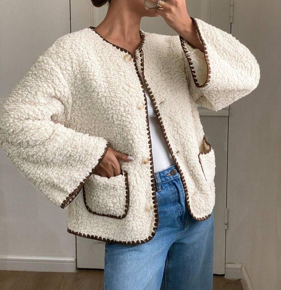 Teddy Fleece Collarless Jacket With Patch Pockets - Beige - 1