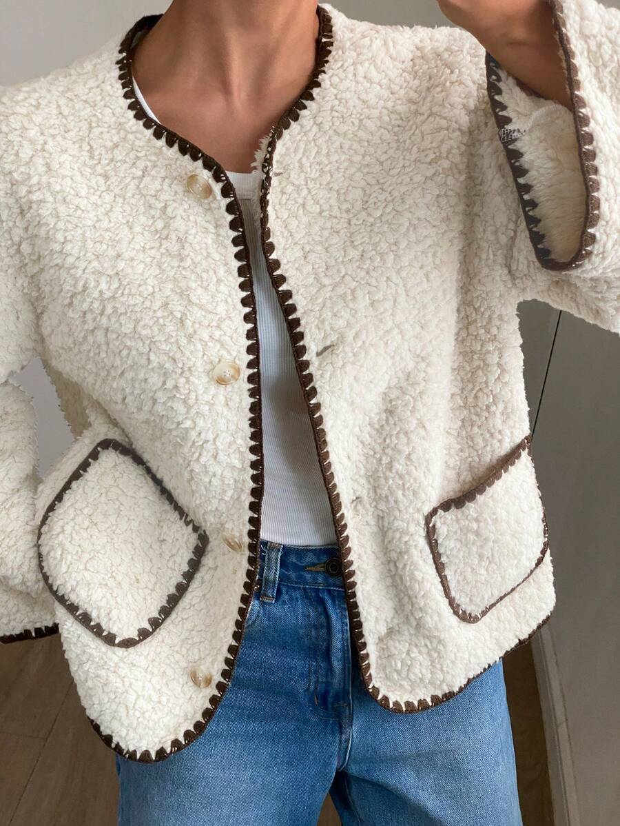 Teddy Fleece Collarless Jacket With Patch Pockets - Beige - 3