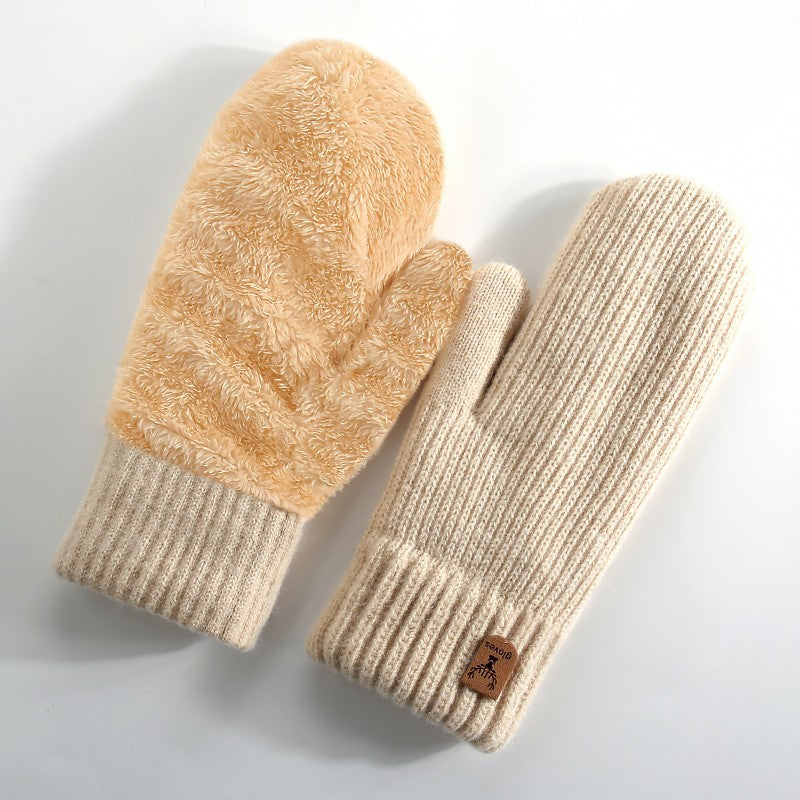 Chunky Ribbed Knit Winter Mittens - Beige
