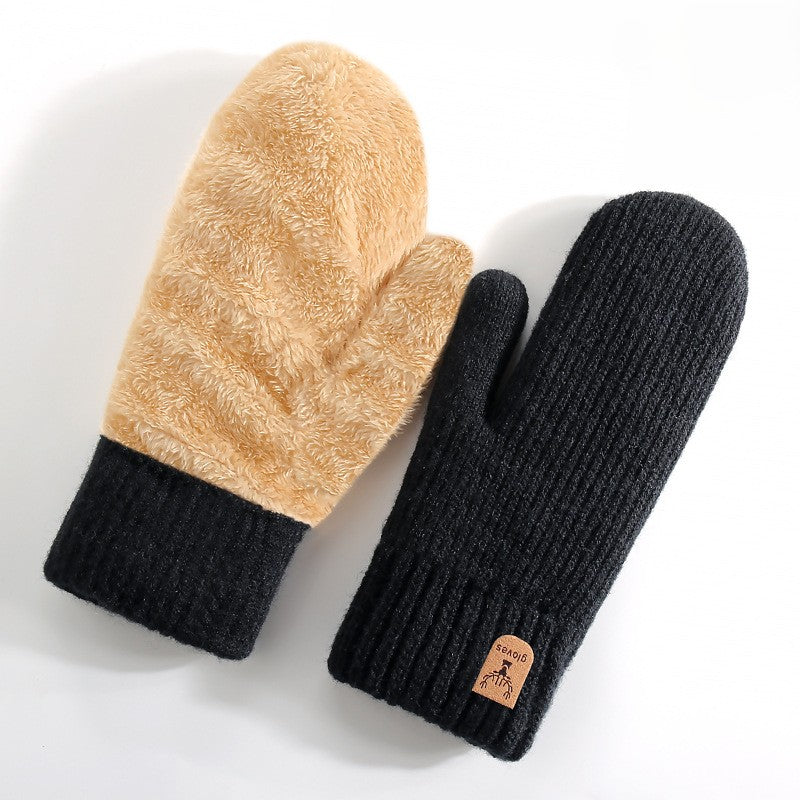 Chunky Ribbed Knit Winter Mittens - Black