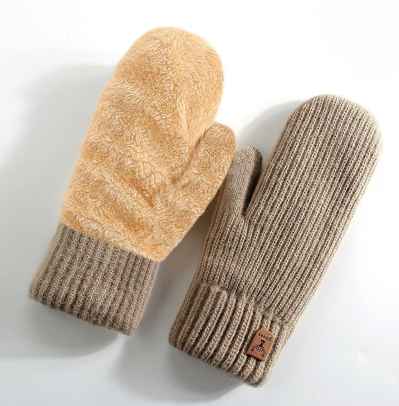 Chunky Ribbed Knit Winter Mittens - Khaki