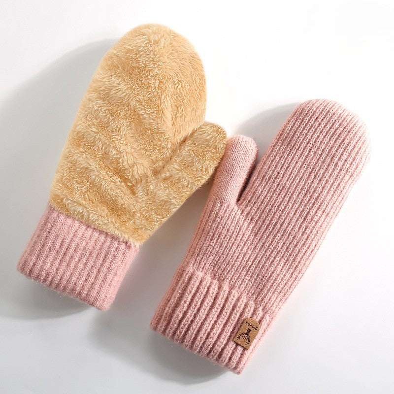 Chunky Ribbed Knit Winter Mittens - Pink