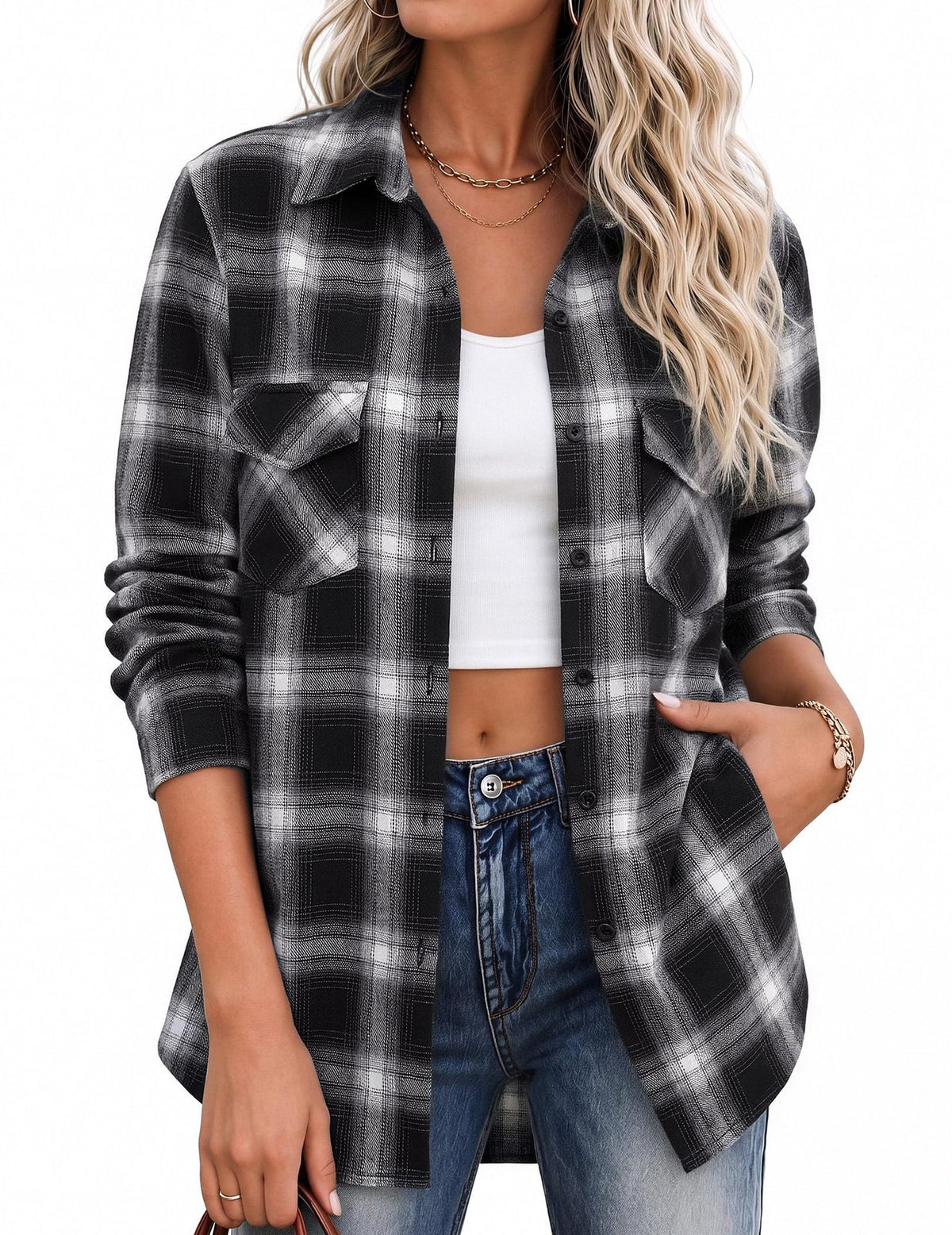 Relaxed Plaid Flannel Longline Shirt - Black