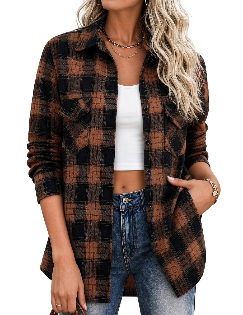Relaxed Plaid Flannel Longline Shirt - Brown
