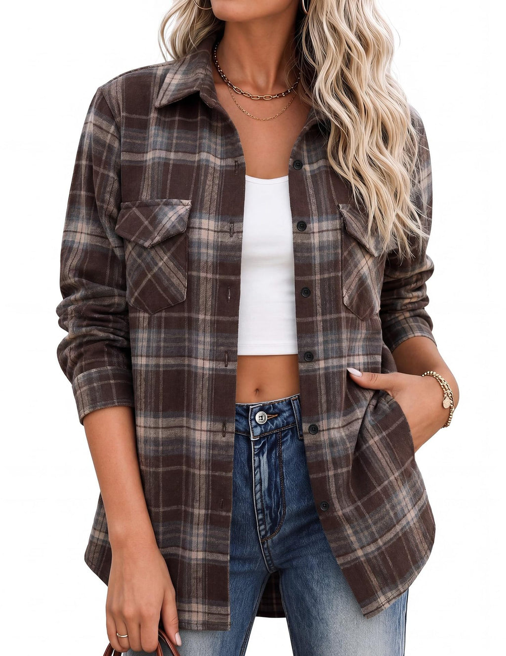 Relaxed Plaid Flannel Longline Shirt - Coffee