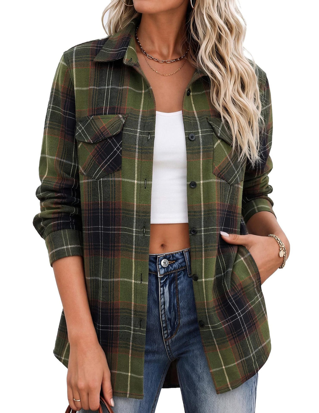 Relaxed Plaid Flannel Longline Shirt - Forest